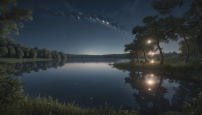 outdoors,sky,cloud,water,tree,no humans,night,moon,grass,plant,star (sky),nature,night sky,scenery,forest,starry sky,reflection,river,lake,reflective water,horizon,light,fireflies