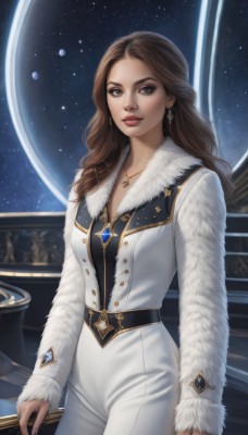 1girl,solo,long hair,breasts,looking at viewer,brown hair,long sleeves,cleavage,brown eyes,jewelry,medium breasts,standing,cowboy shot,earrings,sky,belt,pants,necklace,lips,coat,fur trim,makeup,wavy hair,lipstick,star (sky),pendant,starry sky,realistic,white pants,nose,white coat,red lips,space,planet,earth (planet),parted lips,artist name,grey eyes,ring,gem