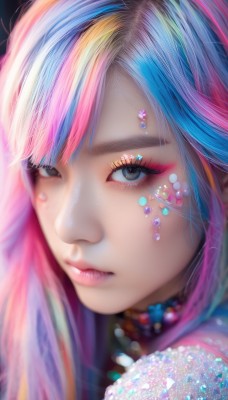 1girl,solo,long hair,looking at viewer,bangs,jewelry,closed mouth,blue hair,pink hair,multicolored hair,necklace,blurry,black eyes,lips,grey eyes,eyelashes,gradient hair,makeup,depth of field,swept bangs,facial mark,lipstick,gem,portrait,close-up,eyeshadow,pink lips,realistic,nose,eyeliner,colorful,mascara,rainbow hair,blue eyes,blonde hair,artist name,watermark,piercing,beads,pearl (gemstone)