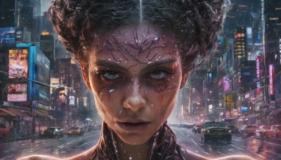 1girl,solo,looking at viewer,short hair,brown hair,brown eyes,closed mouth,outdoors,solo focus,dark skin,dark-skinned female,lips,wet,double bun,night,ground vehicle,building,portrait,motor vehicle,reflection,science fiction,rain,city,realistic,car,cityscape,wet hair,cyborg,cyberpunk,black hair,green eyes,close-up,freckles,road,dirty,street,skyscraper,neon lights