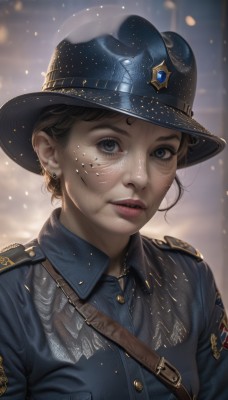 1girl,solo,looking at viewer,short hair,blue eyes,brown hair,shirt,hat,jewelry,upper body,earrings,parted lips,teeth,collared shirt,blurry,uniform,lips,grey eyes,military,military uniform,buttons,blurry background,blue shirt,portrait,freckles,pocket,realistic,breast pocket,badge,police,police uniform,policewoman,dirty face,black hair,artist name,signature,eyelashes,makeup,watermark,facial mark,epaulettes,nose,red lips,facepaint