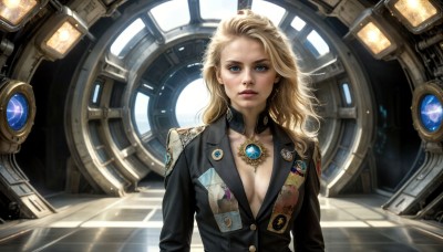 HQ,1girl,solo,long hair,breasts,looking at viewer,blue eyes,blonde hair,cleavage,jewelry,medium breasts,jacket,upper body,parted lips,necklace,uniform,lips,military,no bra,military uniform,pendant,science fiction,realistic,nose,emblem,badge,medal,large breasts,earrings,indoors,makeup,wavy hair,lipstick