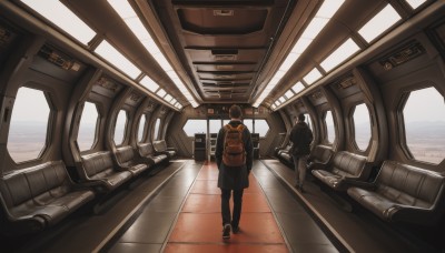 1girl,short hair,brown hair,black hair,1boy,sitting,standing,jacket,multiple boys,shoes,pants,2boys,bag,from behind,backpack,scenery,reflection,science fiction,facing away,wide shot,train station,male focus,coat