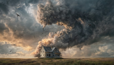 outdoors, sky, cloud, no humans, bird, cloudy sky, grass, scenery, smoke, aircraft, field, house