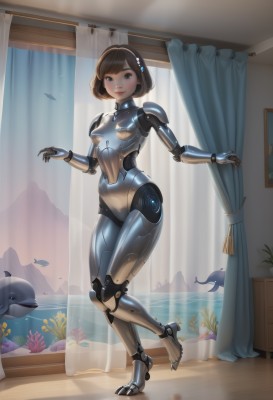 1girl,solo,breasts,looking at viewer,smile,short hair,bangs,brown hair,hair ornament,brown eyes,standing,full body,hairband,small breasts,indoors,water,lips,window,bodysuit,bob cut,standing on one leg,curtains,fish,science fiction,android,joints,cyborg,robot joints,aquarium,closed mouth,armor,swept bangs,plant,wooden floor,shark