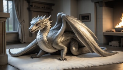 HQ,solo,looking at viewer,red eyes,tail,full body,wings,horns,teeth,indoors,blurry,no humans,window,depth of field,blurry background,fangs,fire,sharp teeth,curtains,claws,colored sclera,wooden floor,realistic,dragon,scales,carpet,rug,fireplace,stove