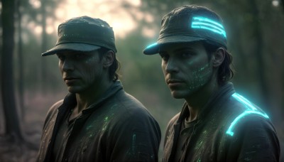 HQ,short hair,brown hair,shirt,black hair,hat,closed mouth,jacket,upper body,male focus,outdoors,multiple boys,2boys,blurry,blurry background,glowing,facial hair,baseball cap,beard,science fiction,realistic,stubble,cyborg,dirty,cyberpunk,looking at viewer,black jacket,black shirt,rain