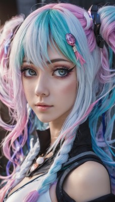 1girl,solo,long hair,breasts,looking at viewer,bangs,blue eyes,hair ornament,bare shoulders,twintails,jewelry,closed mouth,green eyes,blue hair,upper body,pink hair,braid,white hair,multicolored hair,artist name,signature,necklace,blurry,twin braids,from side,two-tone hair,aqua eyes,lips,looking to the side,clothing cutout,eyelashes,aqua hair,makeup,blurry background,portrait,eyeshadow,freckles,realistic,nose,mascara,virtual youtuber,two side up,streaked hair,gradient hair,expressionless,thick eyebrows