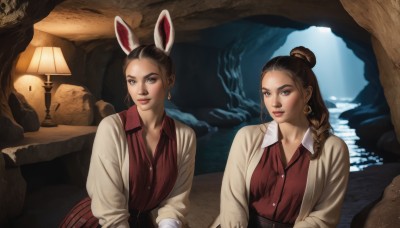 long hair,breasts,looking at viewer,smile,blue eyes,multiple girls,brown hair,shirt,black hair,2girls,animal ears,brown eyes,jewelry,braid,earrings,hair bun,rabbit ears,lips,single braid,makeup,single hair bun,red shirt,hoop earrings,realistic,lamp,upper body,belt,dark skin,vest,dark-skinned female,fake animal ears