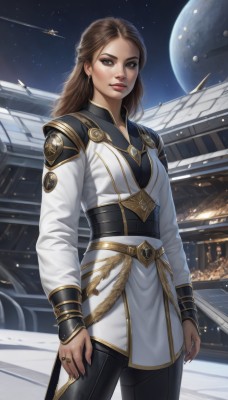 1girl,solo,long hair,breasts,looking at viewer,smile,brown hair,long sleeves,brown eyes,jewelry,closed mouth,standing,cowboy shot,earrings,sky,pants,artist name,signature,lips,sash,makeup,night,black pants,moon,ring,building,star (sky),night sky,starry sky,science fiction,gold trim,realistic,aircraft,nose,arms at sides,space,planet,spacecraft,outdoors,uniform,military,architecture,east asian architecture,shooting star