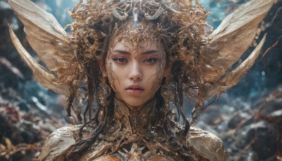 1girl,solo,long hair,looking at viewer,blue eyes,brown hair,black hair,hair ornament,jewelry,earrings,parted lips,wings,armor,blurry,black eyes,lips,grey eyes,depth of field,blurry background,headgear,portrait,realistic,straight-on,closed mouth,upper body,eyelashes,makeup,expressionless,helmet,head wings,shoulder armor,light particles,pauldrons,headpiece,nose,fantasy,gold