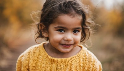 1girl,solo,looking at viewer,smile,short hair,blue eyes,brown hair,black hair,upper body,parted lips,blurry,black eyes,sweater,lips,floating hair,depth of field,blurry background,wind,messy hair,portrait,realistic,nose,red lips,open mouth,brown eyes,teeth,yellow sweater