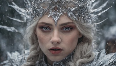 1girl,solo,long hair,looking at viewer,blue eyes,blonde hair,jewelry,braid,outdoors,parted lips,teeth,artist name,blurry,twin braids,lips,grey eyes,eyelashes,makeup,depth of field,blurry background,watermark,tiara,crown,portrait,snow,close-up,freckles,snowing,realistic,red lips,snowflakes,winter,open mouth,necklace,nose