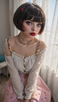 1girl,solo,breasts,looking at viewer,blush,short hair,bangs,skirt,shirt,black hair,hair ornament,long sleeves,cleavage,bare shoulders,jewelry,sitting,collarbone,white shirt,multicolored hair,small breasts,parted lips,teeth,day,belt,indoors,blunt bangs,necklace,off shoulder,mole,blurry,black eyes,lips,see-through,grey eyes,eyelashes,mole under eye,window,makeup,leaning forward,depth of field,blurry background,chair,bob cut,lipstick,curtains,blouse,eyeshadow,pink skirt,v arms,long skirt,realistic,nose,off-shoulder shirt,red lips,eyeliner,mascara,blue eyes,detached sleeves,hairclip