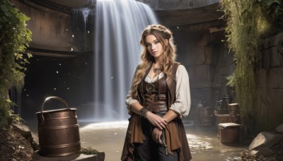 1girl,solo,long hair,breasts,looking at viewer,blonde hair,brown hair,shirt,long sleeves,cleavage,brown eyes,jewelry,medium breasts,standing,white shirt,weapon,cowboy shot,pants,water,necklace,vest,bracelet,lips,gun,wavy hair,sunlight,feathers,plant,corset,handgun,bucket,leather,waterfall,pirate,barrel,outdoors,belt,ring,knife,wristband,pendant,watch,pouch