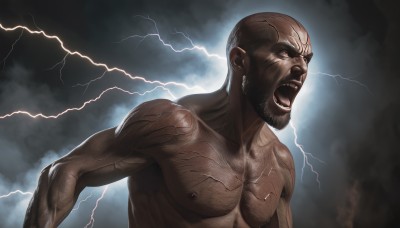 solo,open mouth,black hair,1boy,nipples,upper body,male focus,teeth,cloud,dark skin,muscular,facial hair,dark-skinned male,pectorals,beard,veins,realistic,electricity,bald,manly,chest hair,lightning,shouting