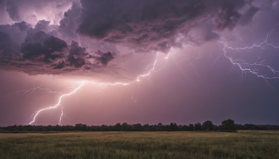 outdoors,sky,cloud,tree,no humans,cloudy sky,grass,nature,scenery,forest,mountain,electricity,field,lightning,landscape,hill,purple sky,monochrome