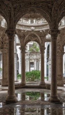 outdoors,day,water,tree,no humans,window,sunlight,plant,building,scenery,reflection,architecture,ruins,pillar,statue,church,arch,reflective floor,column,fantasy,bridge,puddle,fountain