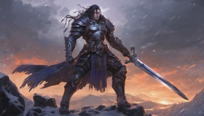 solo,long hair,looking at viewer,black hair,1boy,holding,closed mouth,standing,full body,weapon,male focus,boots,outdoors,sky,sword,cloud,cape,holding weapon,armor,torn clothes,facial hair,scar,holding sword,cloudy sky,shoulder armor,gauntlets,clenched hand,pelvic curtain,beard,snow,pauldrons,breastplate,rock,snowing,mountain,greaves,red eyes,belt,glowing,glowing eyes,armored boots,torn cape