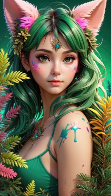 1girl,solo,long hair,breasts,looking at viewer,bangs,large breasts,hair ornament,animal ears,cleavage,bare shoulders,jewelry,medium breasts,closed mouth,green eyes,upper body,flower,earrings,green hair,artist name,cat ears,hair flower,necklace,mole,lips,animal ear fluff,fox ears,eyelashes,makeup,leaf,facial mark,plant,gem,freckles,circlet,nose,facepaint,forehead jewel,dress,brown eyes,collarbone,sleeveless,gradient,gradient background,extra ears,camisole,pendant,green background,green dress,pink lips,realistic,spaghetti strap,dirty,bodypaint,mascara