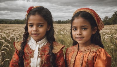 long hair,looking at viewer,smile,multiple girls,brown hair,black hair,hair ornament,hat,dress,2girls,brown eyes,jewelry,upper body,braid,flower,earrings,outdoors,parted lips,sky,cloud,dark skin,black eyes,twin braids,dark-skinned female,lips,siblings,cloudy sky,grass,sisters,child,twins,realistic,female child,field,day,hair flower,nature