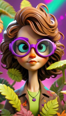 1girl,solo,looking at viewer,smile,short hair,bangs,brown hair,shirt,jewelry,closed mouth,jacket,upper body,glasses,artist name,medium hair,necklace,blurry,lips,makeup,leaf,watermark,plant,lipstick,pendant,freckles,purple background,curly hair,brown jacket,round eyewear,green shirt,print shirt,tinted eyewear,purple-framed eyewear,blue eyes,mole,feathers