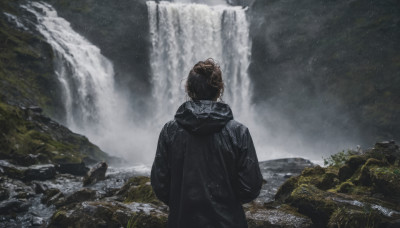 1girl, solo, brown hair, jacket, outdoors, sky, hood, water, from behind, backpack, hood down, nature, scenery, rock, mountain, waterfall