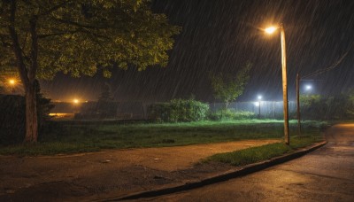 outdoors,sky,cloud,tree,no humans,night,grass,scenery,rain,light,road,bush,lamppost,park,night sky,dark,street