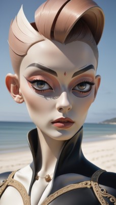 1girl,solo,looking at viewer,short hair,blonde hair,brown eyes,jewelry,closed mouth,multicolored hair,earrings,outdoors,parted lips,sky,day,artist name,necklace,blue sky,lips,eyelashes,makeup,ocean,facial mark,beach,lipstick,portrait,eyeshadow,forehead mark,nose,red lips,eyeliner,mascara,blue eyes,brown hair,white hair,two-tone hair