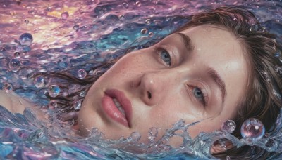 1girl,solo,long hair,looking at viewer,smile,blue eyes,brown hair,parted lips,teeth,water,lips,wet,looking up,portrait,partially submerged,freckles,fish,bubble,underwater,realistic,nose,air bubble,swimming,lying,grey eyes,eyelashes,water drop