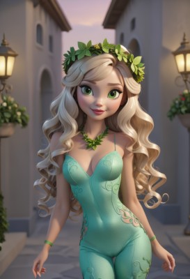 1girl,solo,long hair,breasts,looking at viewer,smile,blonde hair,hair ornament,cleavage,bare shoulders,jewelry,medium breasts,green eyes,standing,collarbone,flower,cowboy shot,small breasts,outdoors,parted lips,artist name,necklace,blurry,bracelet,lips,fingernails,bare arms,eyelashes,bodysuit,covered navel,makeup,depth of field,blurry background,cameltoe,wavy hair,thigh gap,plant,lipstick,building,wristband,skin tight,curly hair,arms at sides,red lips,head wreath,pussy,day,covered nipples,leaf,unitard