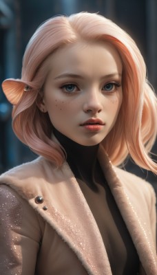 1girl,solo,long hair,breasts,looking at viewer,blue eyes,blonde hair,jewelry,closed mouth,jacket,upper body,pink hair,earrings,parted lips,open clothes,artist name,medium hair,mole,blurry,lips,coat,eyelashes,makeup,blurry background,piercing,lipstick,ear piercing,forehead,freckles,brown jacket,realistic,nose,red lips,mascara,blush,hair ornament,red hair,fur trim,depth of field,turtleneck,watermark,web address,backlighting