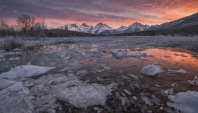 outdoors,sky,cloud,water,tree,no humans,cloudy sky,grass,nature,scenery,snow,forest,reflection,sunset,rock,mountain,winter,bare tree,river,evening,landscape,mountainous horizon,gradient sky,orange sky,red sky,ice,lake,puddle