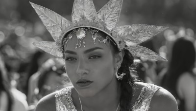 1girl,solo,long hair,looking at viewer,multiple girls,hair ornament,bare shoulders,jewelry,monochrome,braid,greyscale,earrings,parted lips,solo focus,blurry,lips,depth of field,blurry background,crown,portrait,freckles,realistic,headdress,2girls,dark skin,3girls,necklace,dark-skinned female,feathers,gem,feather hair ornament,bokeh