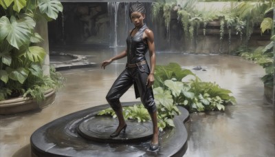 1girl,solo,breasts,short hair,bare shoulders,jewelry,standing,white hair,grey hair,earrings,shoes,sleeveless,pointy ears,belt,pants,dark skin,water,black footwear,vest,high heels,dark-skinned female,leaf,black pants,plant,wading,realistic,waterfall,barefoot,wet,rain,leather pants