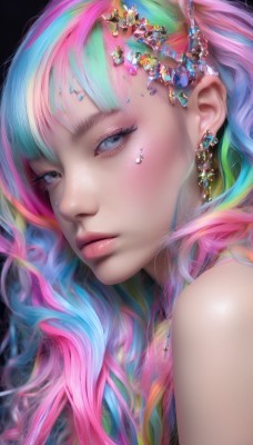 1girl,solo,long hair,looking at viewer,bangs,blue eyes,hair ornament,bare shoulders,jewelry,closed mouth,blue hair,pink hair,multicolored hair,earrings,green hair,shiny,from side,lips,looking to the side,grey eyes,eyelashes,aqua hair,gradient hair,makeup,piercing,black background,gem,portrait,eyeshadow,freckles,pink lips,realistic,nose,eyeliner,colorful,mascara,rainbow hair,artist name,watermark,beads,crystal,blue gemstone,green gemstone,pearl (gemstone)