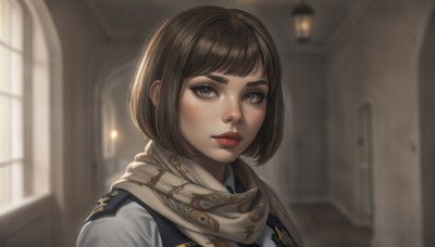 1girl,solo,looking at viewer,short hair,bangs,brown hair,shirt,brown eyes,closed mouth,white shirt,upper body,indoors,scarf,blurry,vest,lips,eyelashes,window,makeup,depth of field,blurry background,bob cut,thick eyebrows,lipstick,portrait,freckles,nose,door,red lips,brown scarf,green eyes,artist name,uniform,military,military uniform,eyeliner