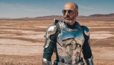 solo,1boy,upper body,male focus,outdoors,sky,day,dark skin,armor,blue sky,facial hair,sunglasses,dark-skinned male,shoulder armor,beard,pauldrons,breastplate,realistic,mustache,sand,bald,old,desert,glasses,military,facing viewer,science fiction