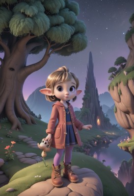 1girl,solo,looking at viewer,short hair,blonde hair,brown hair,holding,brown eyes,standing,jacket,flower,pantyhose,boots,outdoors,sky,pointy ears,artist name,black eyes,tree,coat,night,brown footwear,stuffed toy,stuffed animal,grass,child,star (sky),nature,night sky,forest,starry sky,teddy bear,female child,house,path,smile,open mouth,bangs,skirt,shirt,long sleeves,full body,parted lips,open clothes,shorts,hood,blue skirt,glowing,scenery,dog,rock,purple sky,lalafell