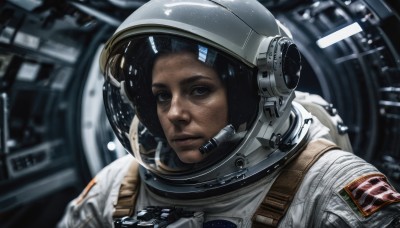 1girl,solo,looking at viewer,black hair,1boy,closed mouth,upper body,male focus,dark skin,blurry,black eyes,dark-skinned female,lips,blurry background,helmet,portrait,reflection,science fiction,realistic,nose,space,spacesuit,space helmet,astronaut,short hair,brown eyes,signature,expressionless,freckles,planet,dirty,earth (planet),american flag,spacecraft