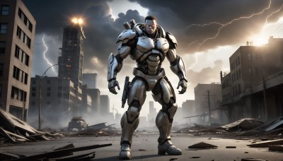 HQ,solo,red eyes,1boy,standing,full body,weapon,male focus,outdoors,sky,cloud,armor,gun,no humans,glowing,cloudy sky,robot,ground vehicle,building,mecha,glowing eyes,motor vehicle,smoke,science fiction,city,car,ruins,lightning,open hands,power armor,debris,destruction,rubble,looking at viewer,signature,realistic,military vehicle,electricity,power lines