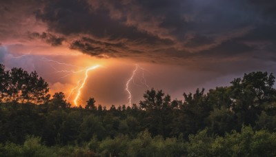 outdoors,sky,cloud,tree,no humans,cloudy sky,grass,nature,scenery,forest,sunset,mountain,electricity,lightning,landscape,red sky