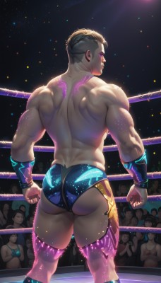 solo,short hair,multiple girls,black hair,1boy,closed mouth,ass,male focus,thighs,sky,solo focus,from behind,tattoo,muscular,night,back,thick thighs,muscular male,wristband,bara,topless male,undercut,crowd,wrestling outfit,median furrow,back tattoo,thick arms,wrestling ring,multiple boys,shorts,artist name,bodysuit,pectorals,large pectorals,confetti,spotlight,stage lights