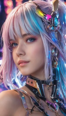 1girl,solo,long hair,looking at viewer,bangs,blue eyes,hair ornament,bare shoulders,jewelry,blue hair,ponytail,pink hair,white hair,multicolored hair,earrings,parted lips,choker,blurry,lips,eyelashes,makeup,blurry background,headgear,portrait,eyeshadow,science fiction,realistic,nose,grey hair,teeth,collar,depth of field,close-up,bokeh