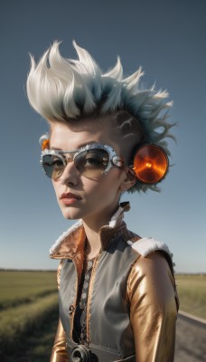 1girl,solo,looking at viewer,short hair,1boy,jewelry,jacket,upper body,white hair,grey hair,male focus,outdoors,parted lips,sky,glasses,teeth,day,artist name,blurry,vest,blue sky,lips,fur trim,eyelashes,depth of field,blurry background,headphones,sunglasses,spiked hair,goggles,wind,messy hair,zipper,realistic,nose,red lips,brown eyes,earrings,makeup,leather,cyborg,mohawk,aviator sunglasses