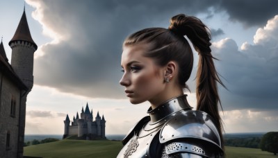 1girl,solo,long hair,blue eyes,brown hair,jewelry,upper body,ponytail,earrings,outdoors,sky,day,cloud,armor,from side,lips,profile,makeup,cloudy sky,grass,high ponytail,shoulder armor,scenery,eyeshadow,pauldrons,breastplate,realistic,nose,stud earrings,hair pulled back,castle,tower,piercing,fantasy,knight,plate armor