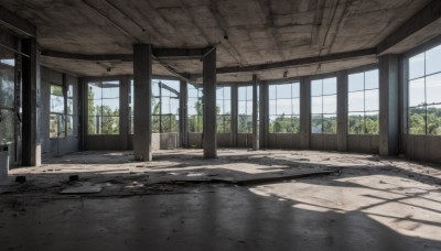 outdoors,sky,day,cloud,indoors,tree,blue sky,no humans,window,shadow,sunlight,scenery,door,ruins,hallway,cloudy sky,plant,wall,floor,ceiling