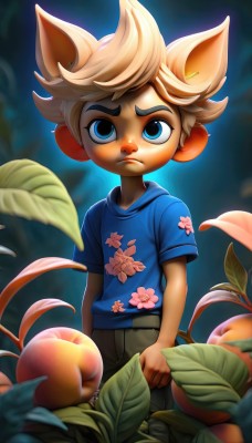 solo,looking at viewer,short hair,bangs,blue eyes,blonde hair,shirt,1boy,animal ears,closed mouth,standing,flower,short sleeves,male focus,cowboy shot,outdoors,food,pants,artist name,blurry,fruit,blurry background,frown,leaf,blue background,floral print,blue shirt,spiked hair,child,furry,furry male,male child,print shirt,shorts,watermark,thick eyebrows,t-shirt,freckles