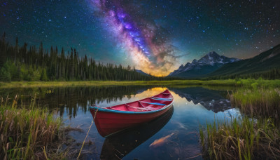 outdoors, sky, water, tree, no humans, night, grass, star (sky), nature, night sky, scenery, starry sky, reflection, mountain, watercraft, lake, milky way