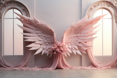 PREMIUM,flower,wings,indoors,no humans,window,rose,sunlight,curtains,scenery,feathered wings,pink flower,angel wings,bouquet,white wings,pink rose,solo,very long hair,pink hair,white flower,angel,absurdly long hair,white rose,pink theme,multiple wings,large wings